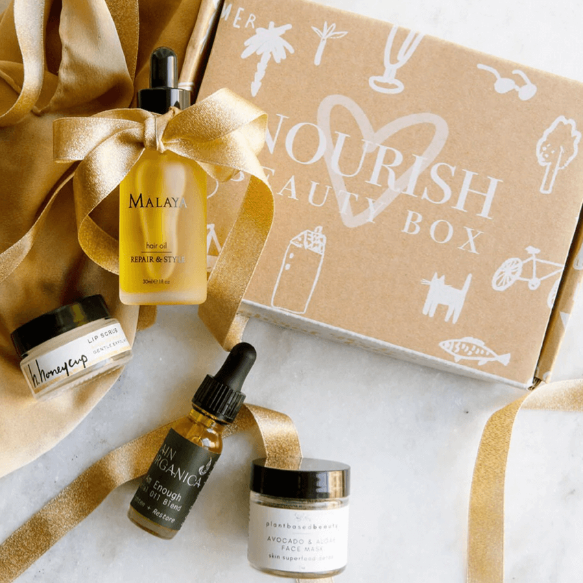 Beauty Box with contents for blog: H. HONEYCUP JOINS NOURISH BEAUTY BOX