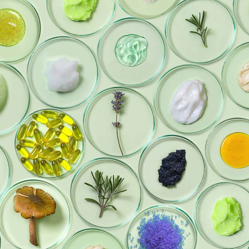 Variety of fresh ingredients in circles with green background: HERO INGREDIENTS: MUST-HAVE FOR EVERY BODY CARE PRODUCT?