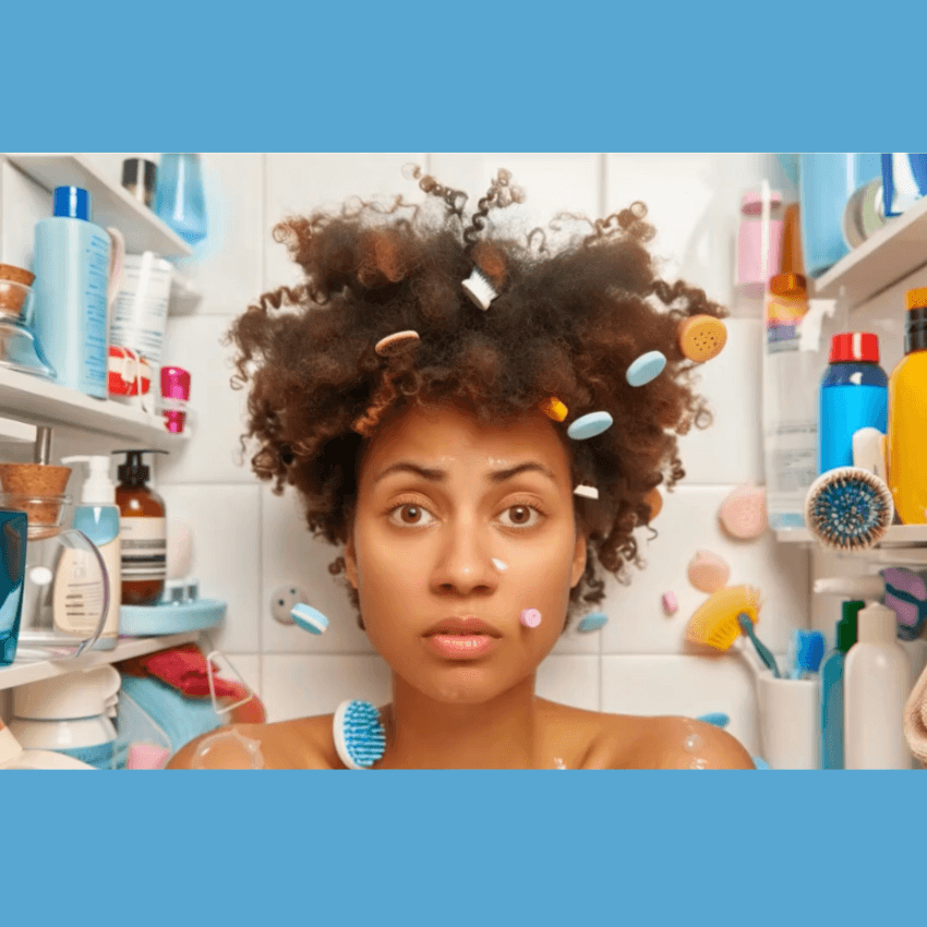 Colorful picture of a woman in a bathroom surrounded by floating skincare items for blog: EMBRACING THE QUIRKS: UNUSUAL BATHROOM HABITS