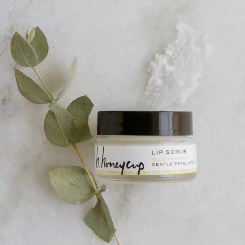 Photo of lip scrub with greens, and smear of scrub for blog: 5 SENSORY PRODUCTS THAT ARE GREEN AND CLEAN