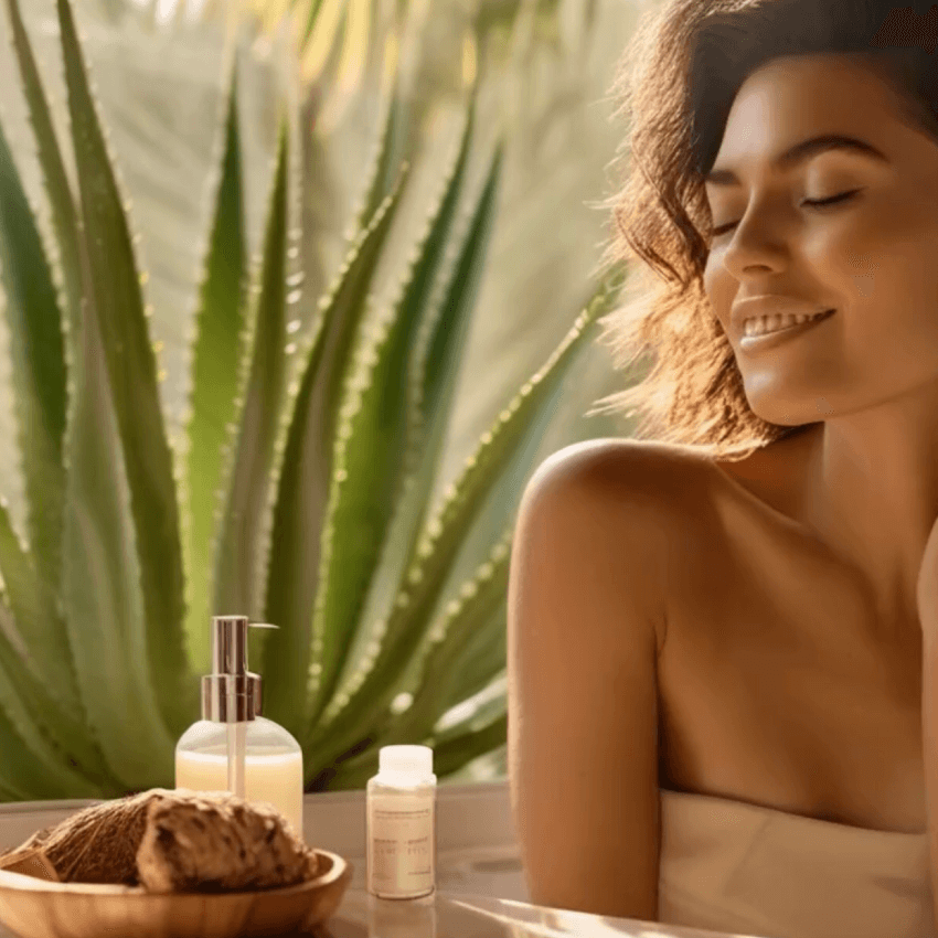 Woman wrapped in towel with skincare on table for blog: STEPS FOR BEAUTY BRANDS TO MEET MoCRA 23/24 DEADLINES