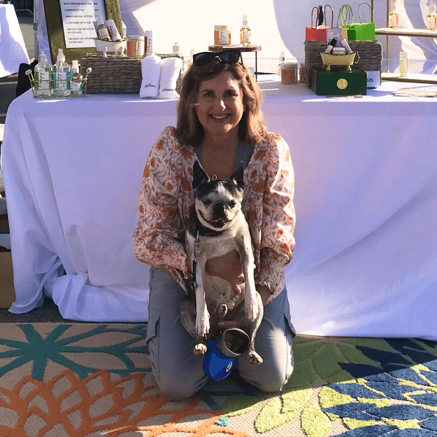 Cindy with her dog Bo for blog: INDIE BEAUTY: A CHAT WITH CINDY BARBERES