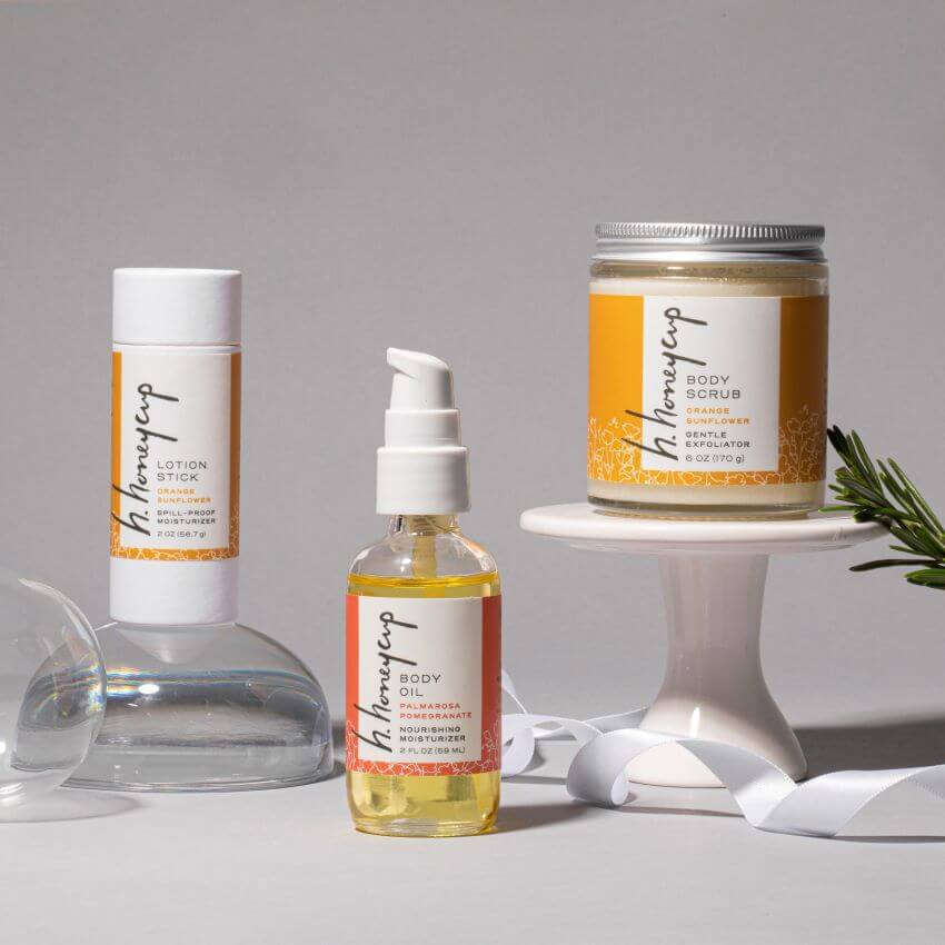 Three flagship clean beauty products for blog: H. HONEYCUP IS CERTIFIED BY THE CONSCIOUS BEAUTY COLLECTIVE