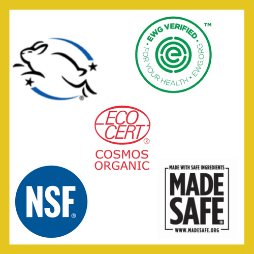 Logos for leaping bunny, EWG, NSF, MADE SAFE for blog: 5 CERTIFICATIONS TO KNOW FOR CLEAN BEAUTY SAFETY