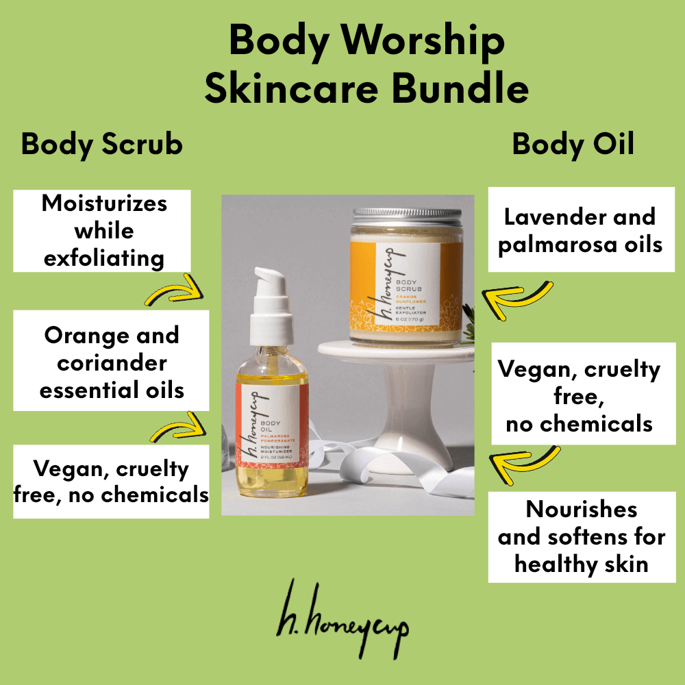 Body scrub plus body oil 2 piece set with list of product benefits like vegan and cruelty free