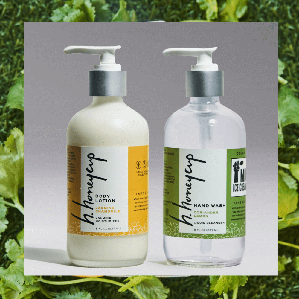 Jasmine Body Lotion and Coriander Lemon Hand Wash surrounded by border of Cilantro