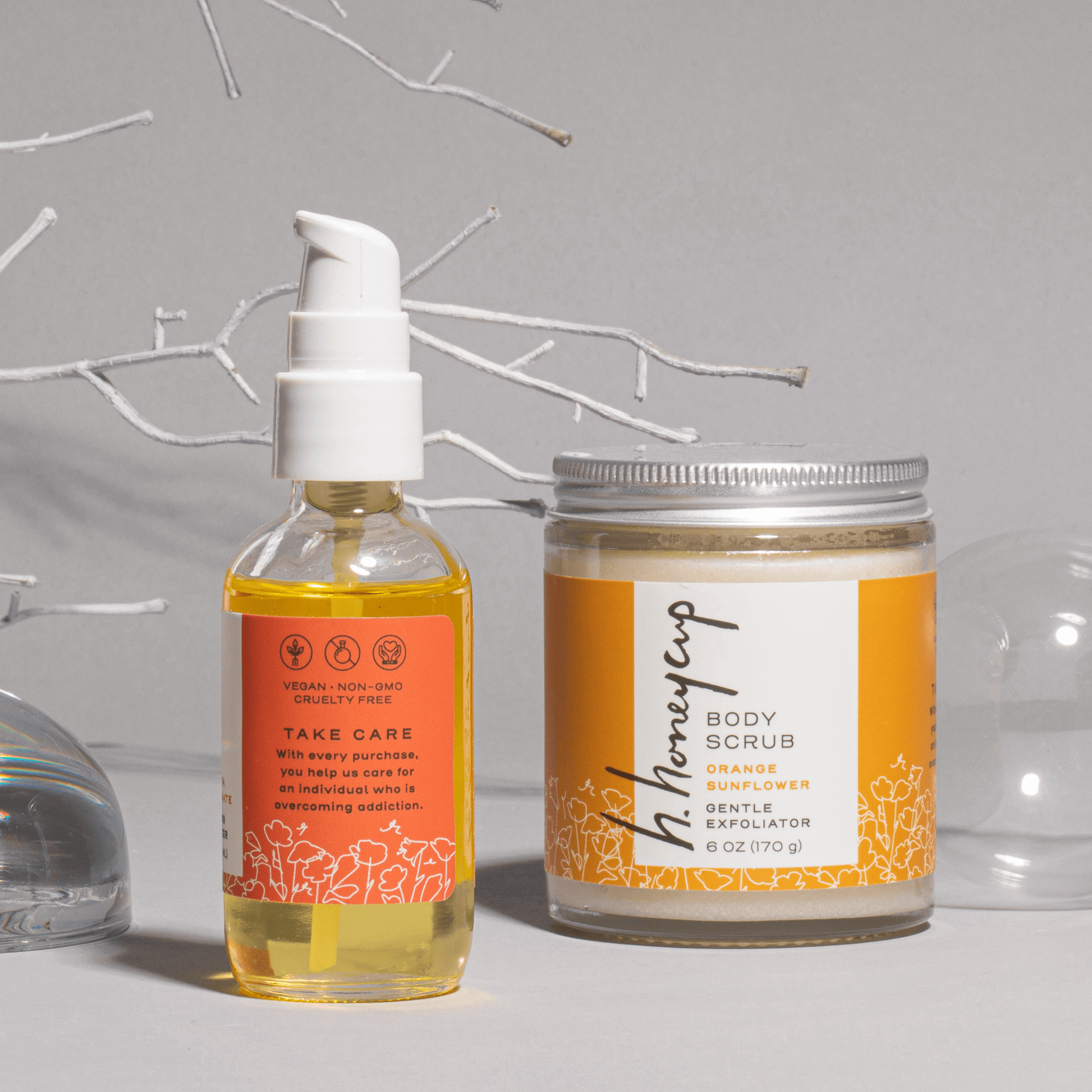 Body Scrub and Body Oil with Take Care Message in winter scene
