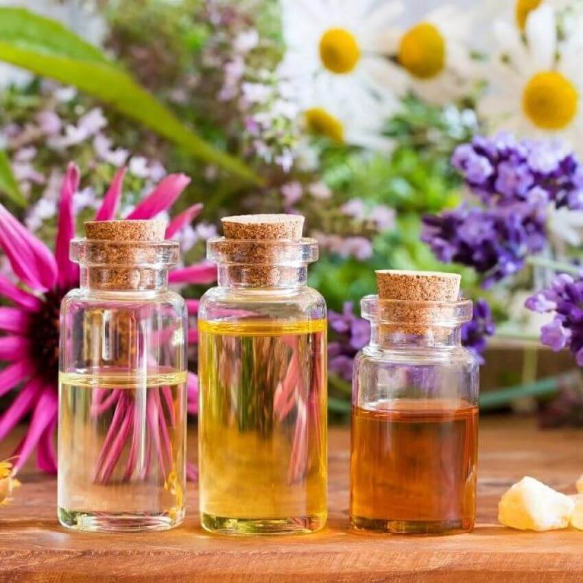 Essential oil bottles with flowers for blog -  NATURAL BUG REPELLENT IDEAS TO CONQUER SUMMER