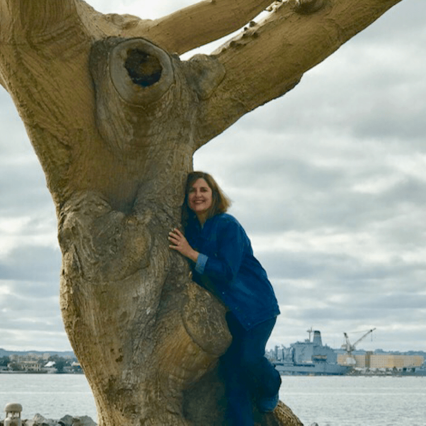 Cindy hugging a huge tree for blog: WOMEN OF IMPACT - CINDY BARBERES