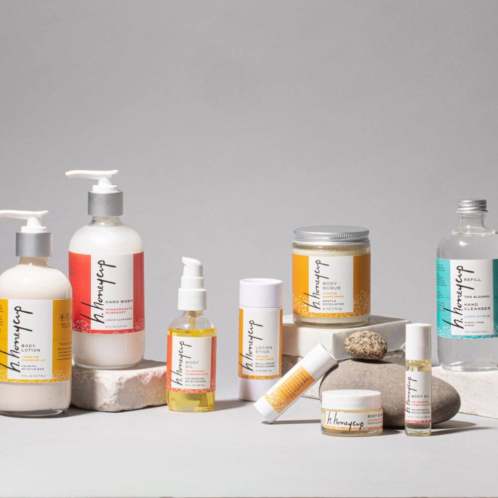 Full line up of H. Honeycup natural body care products