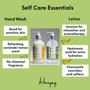 Hand wash plus lotion 2 piece set with list of product benefits like no chemical fragrance