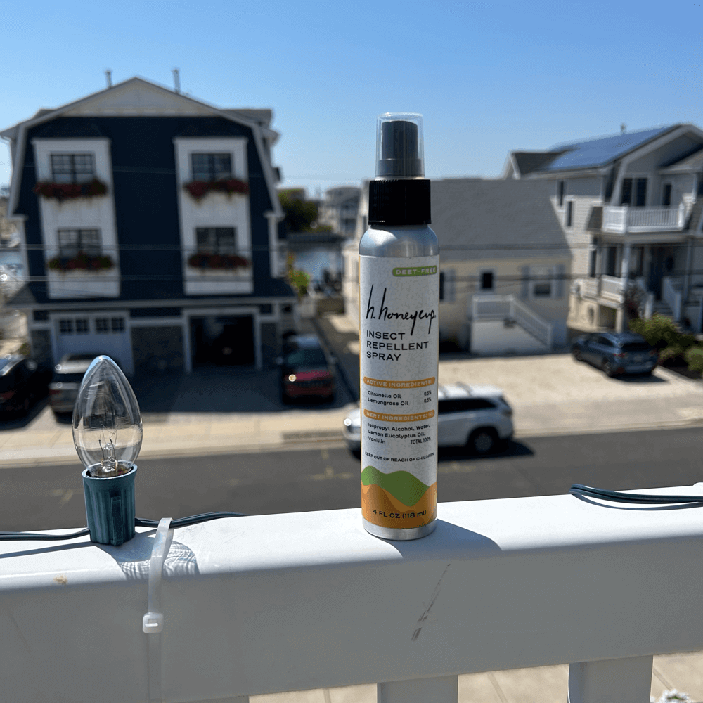 Image of  bug spray with lemon eucalyptus oil at a vacation spot