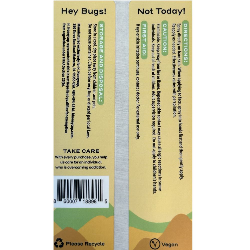 Image of sides of insect repellent label with directions, caution, details, first aid, storage