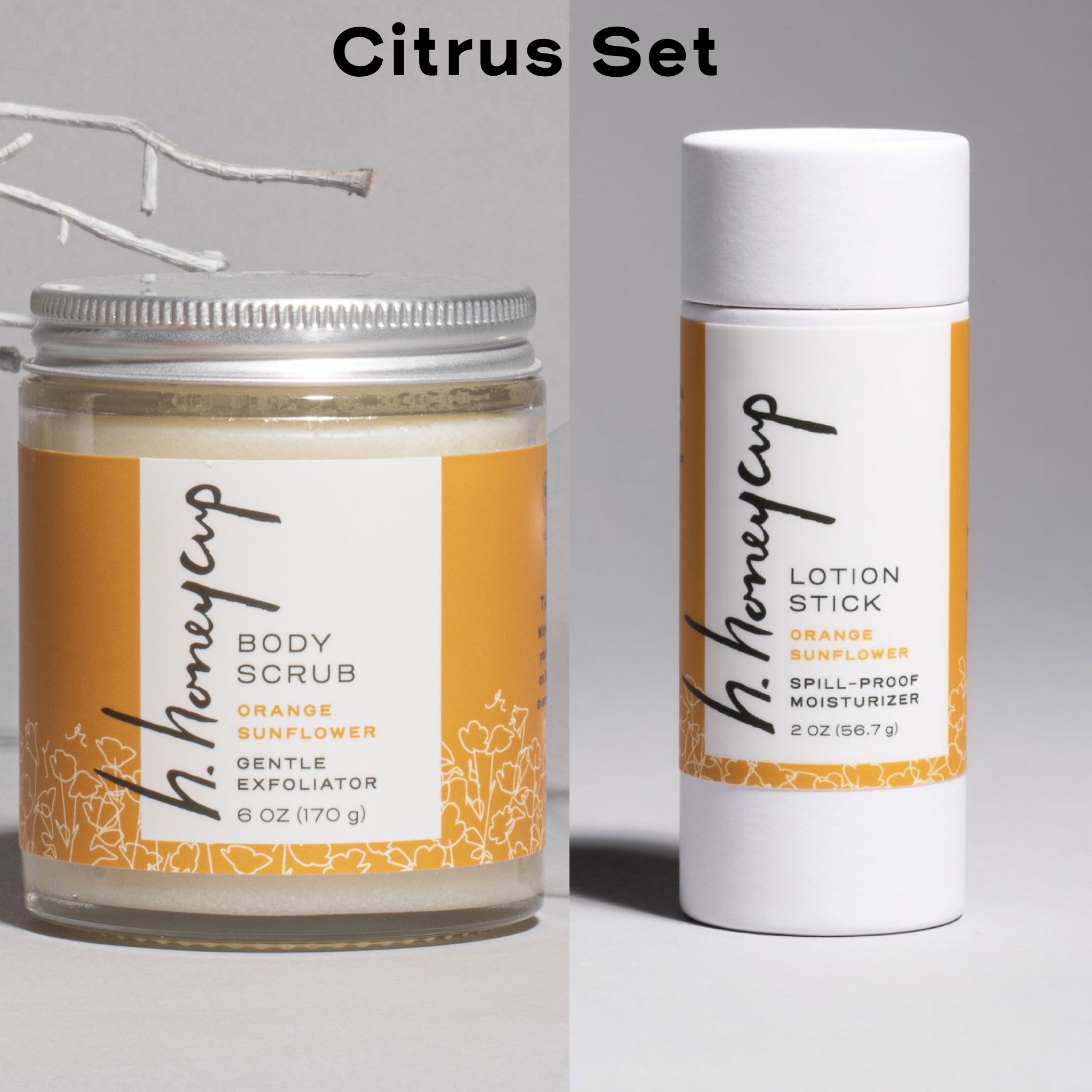 H. Honeycup orange body scrub and lotion stick Citrus set 